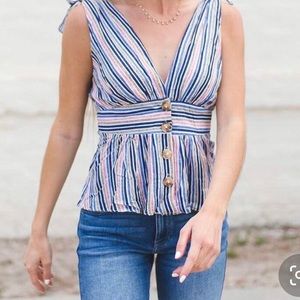 FAVLUX Striped Button Down Peplum Tank Top